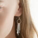 Close-up of a person wearing a silver hoop earring with dangling fringe tassel elements.